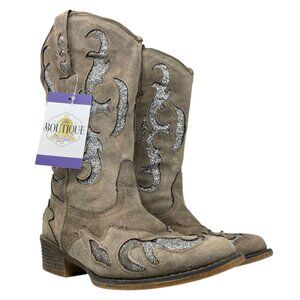 Jessica Cline Womens Size 7M  Western Glitter Inlay Cowboy Boots Tan Gray Faux